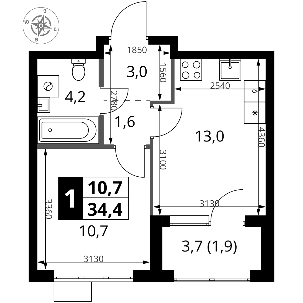 1-комнатная 34 м2 в ЖК 1-й Ясеневский корпус null этаж 3