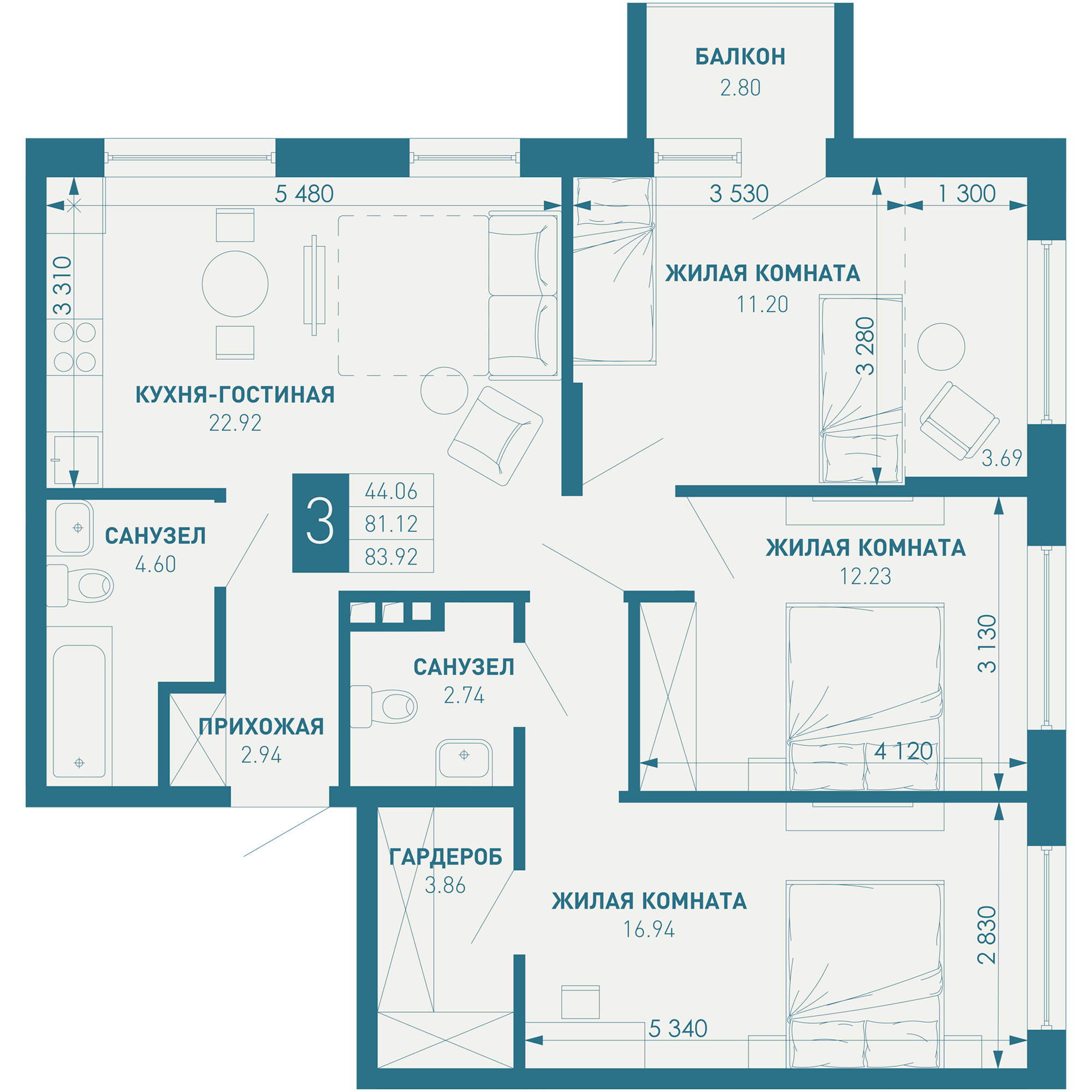 3-комнатная 83 м2 в ЖК ИНАЧЕ в Молодежном корпус null этаж 7