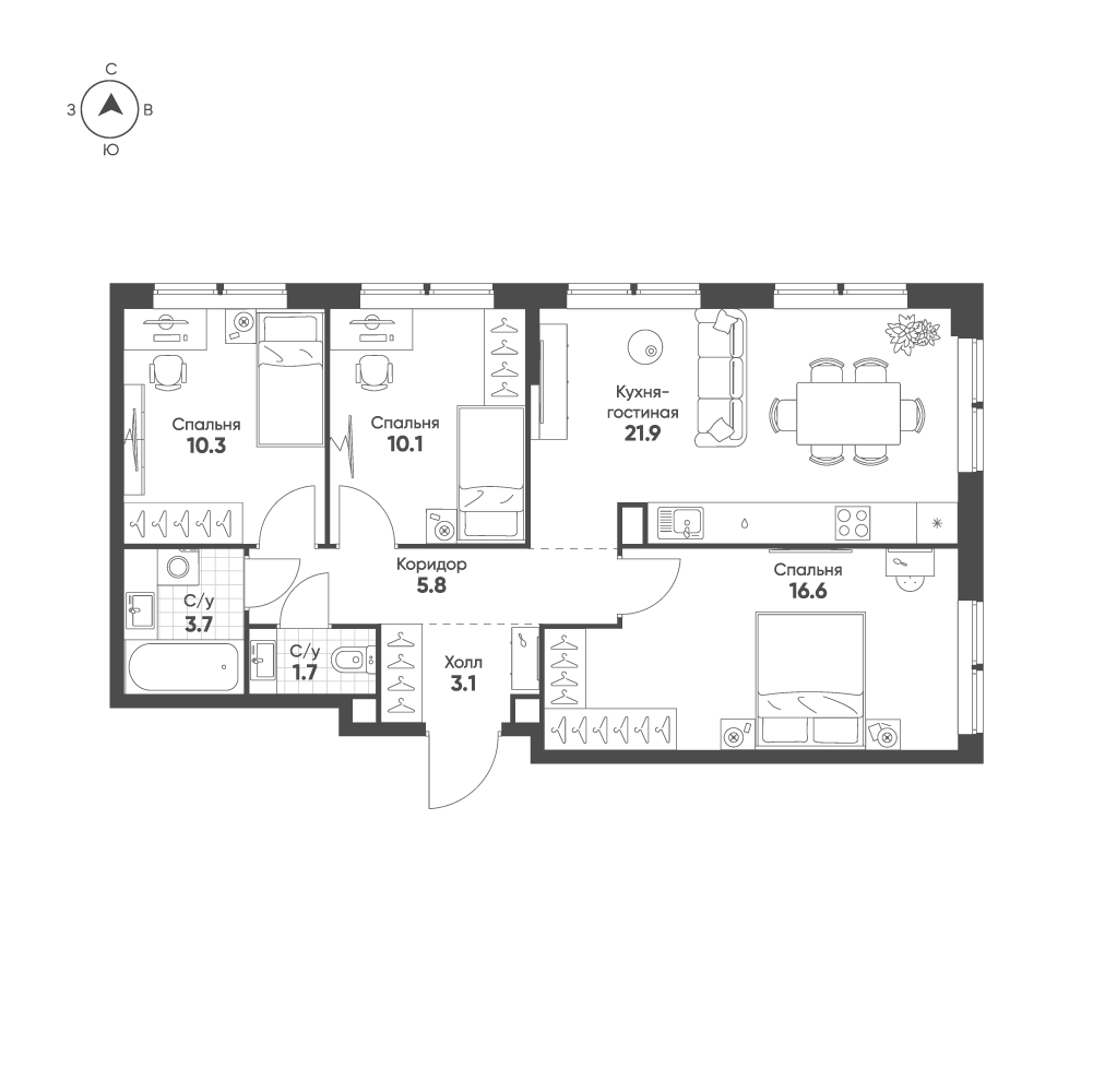 3-комнатная 73 м2 в ЖК Sokolinn Park корпус null этаж 12