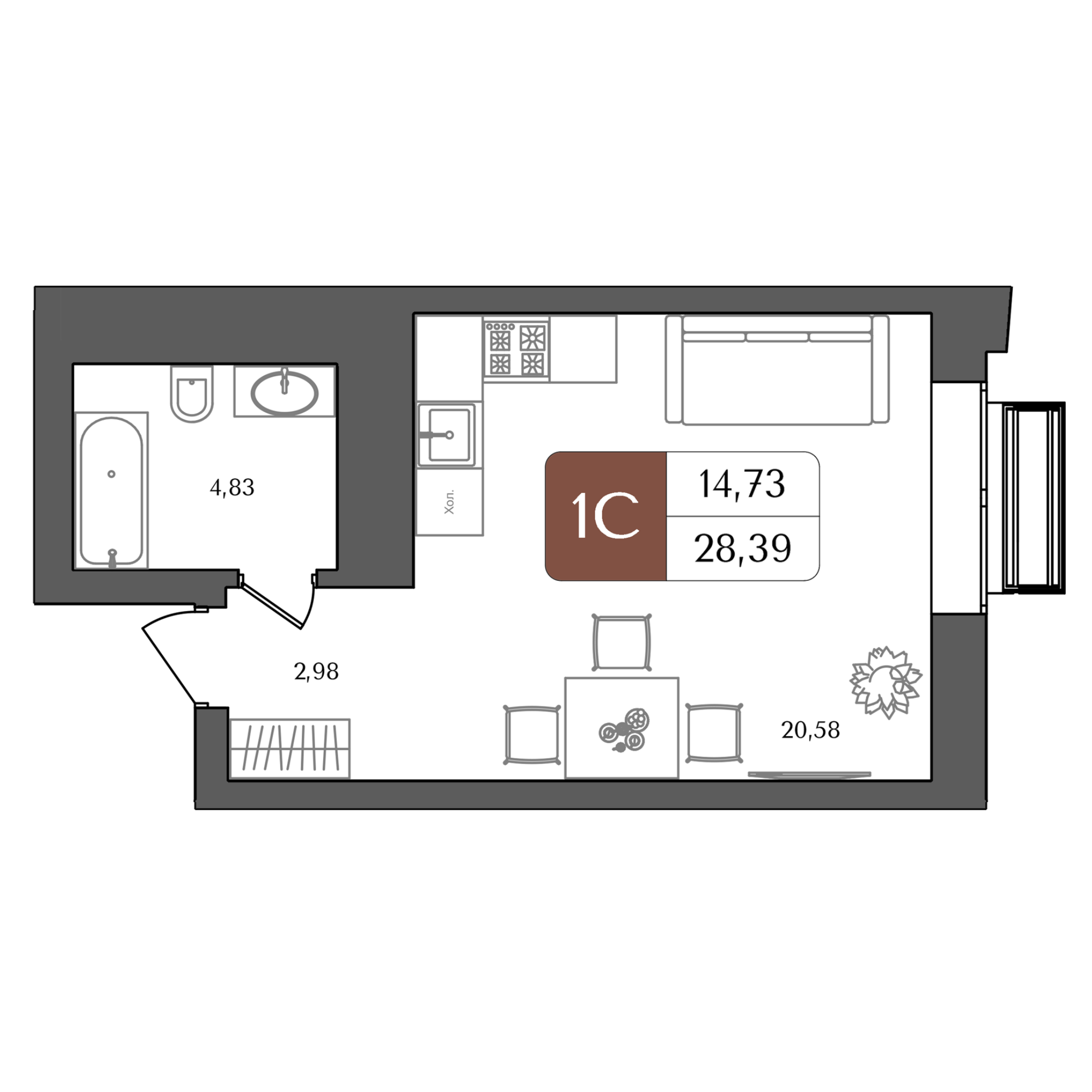 Студия 28 м2 в ЖК Холмогоры корпус null этаж 14