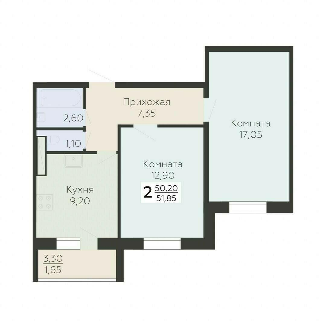 2-комнатная 51 м2 в ЖК Ленский корпус null этаж 10