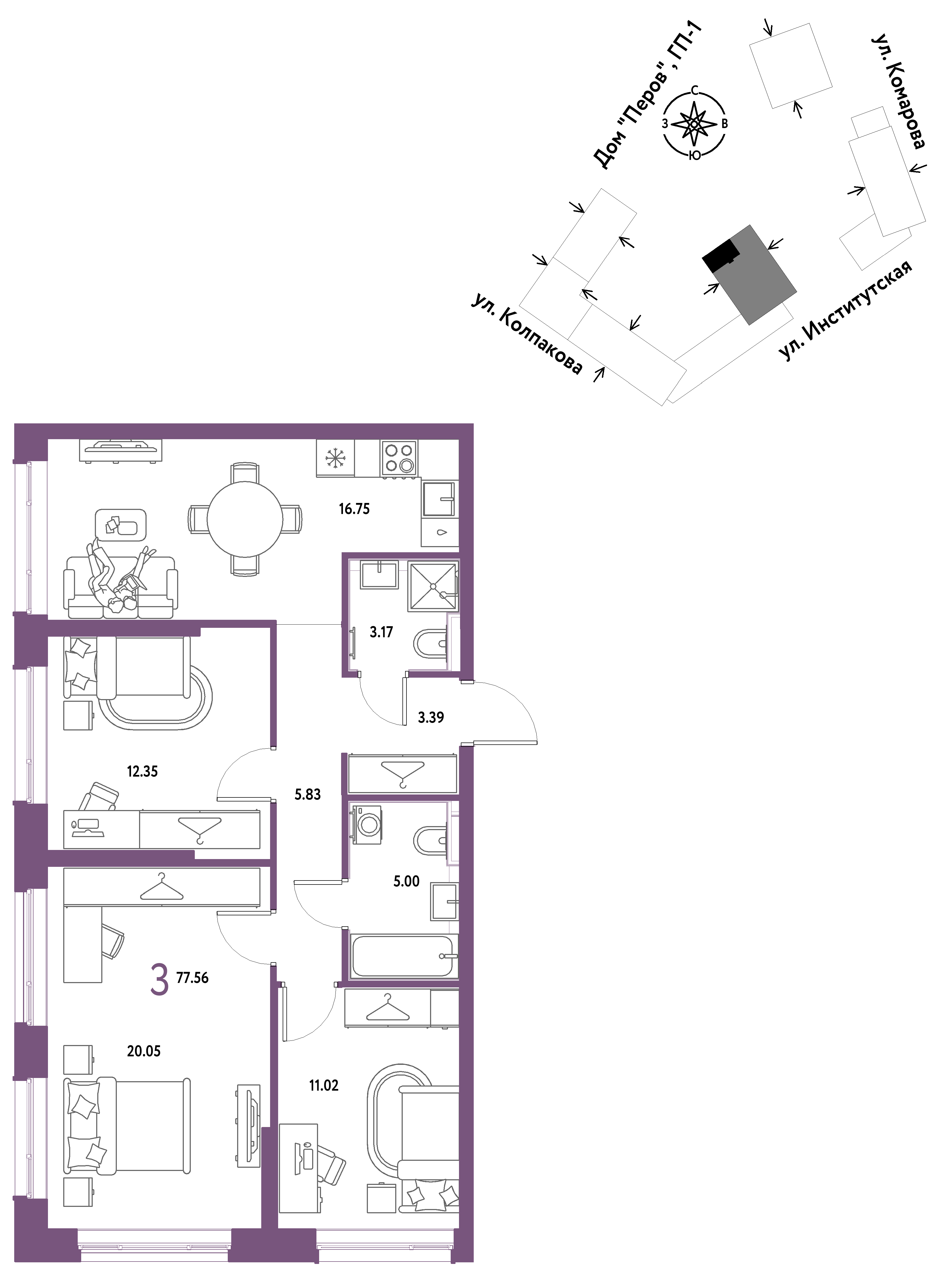 3-комнатная 77 м2 в ЖК Страна.Парковая корпус null этаж 20