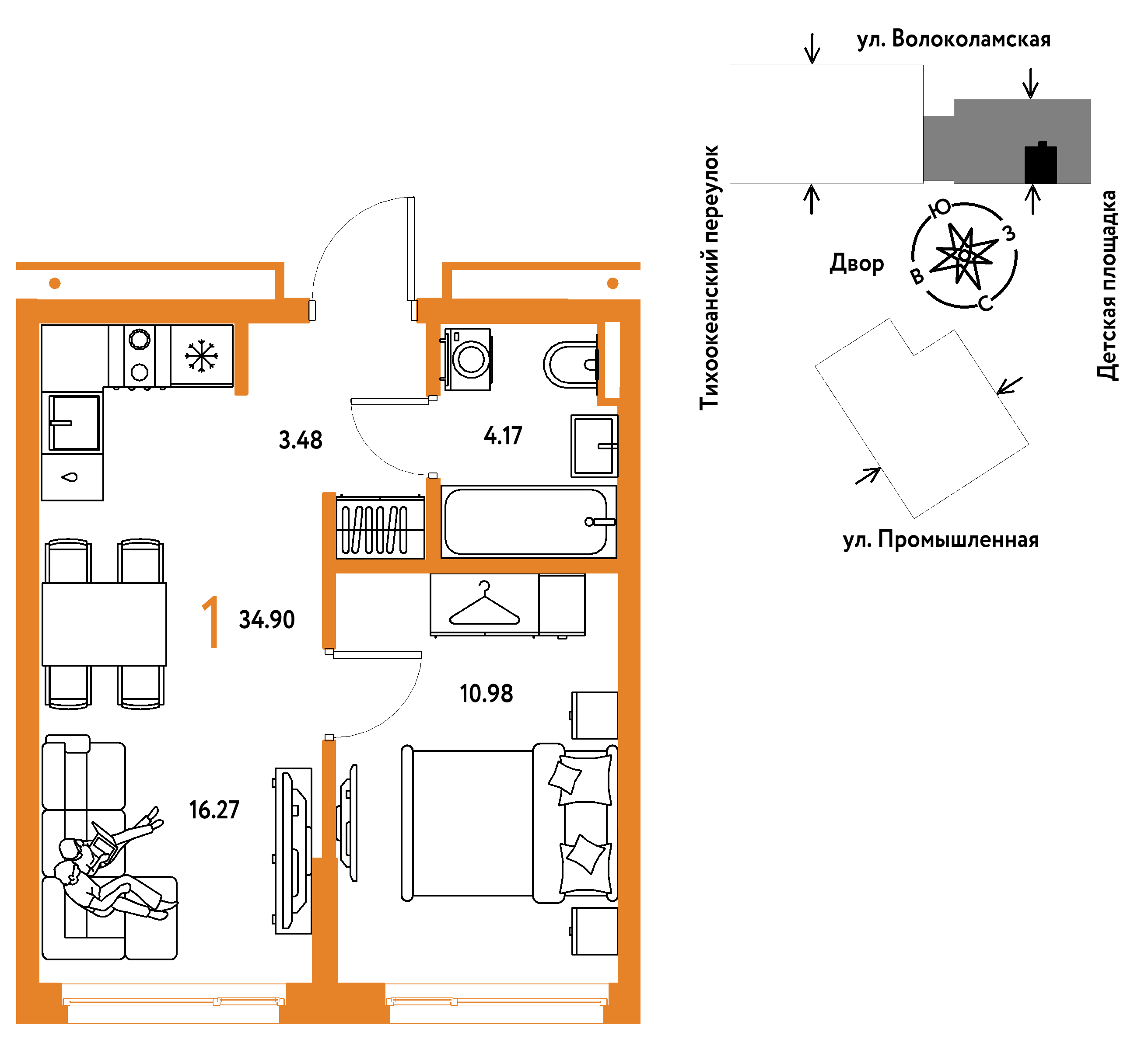 1-комнатная 34 м2 в ЖК Страна.Прибрежная корпус null этаж 5