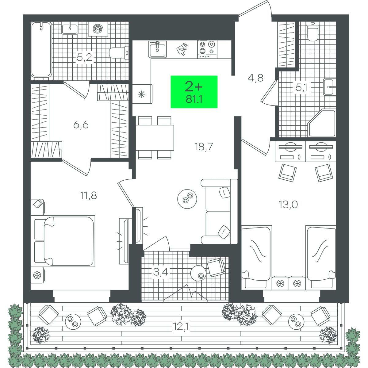 2-комнатная 81 м2 в ЖК Гранд Квартал корпус null этаж 1