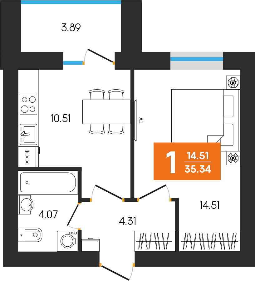 1-комнатная 35 м2 в ЖК Клубный дом Симфония корпус null этаж 7