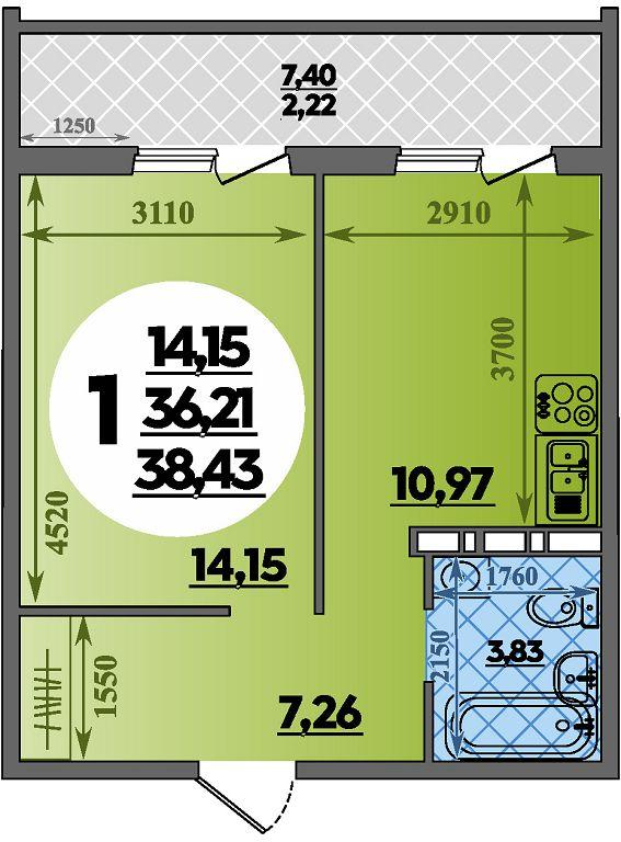 1-комнатная 38 м2 в ЖК Восточный корпус null этаж 11