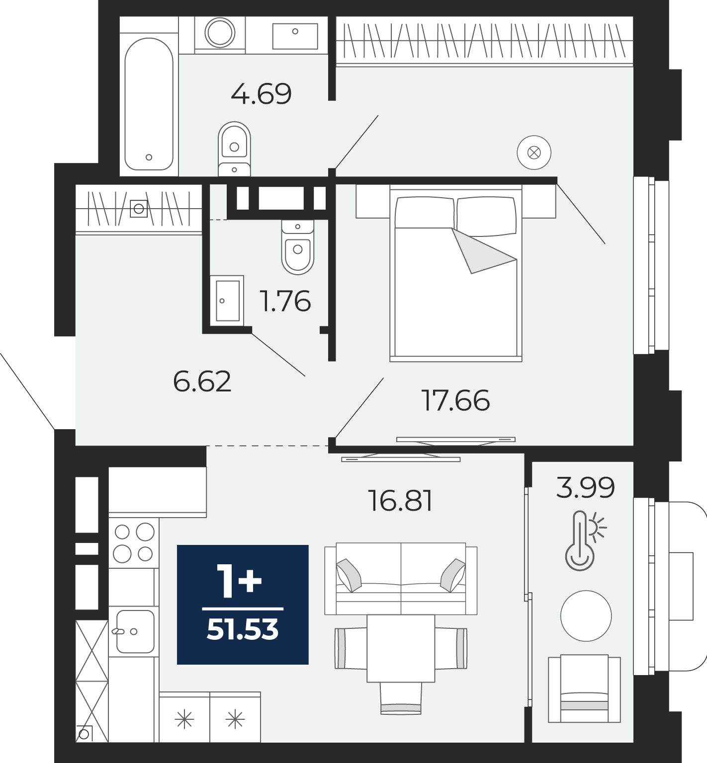 1-комнатная 51 м2 в ЖК Айвазовский корпус null этаж 10