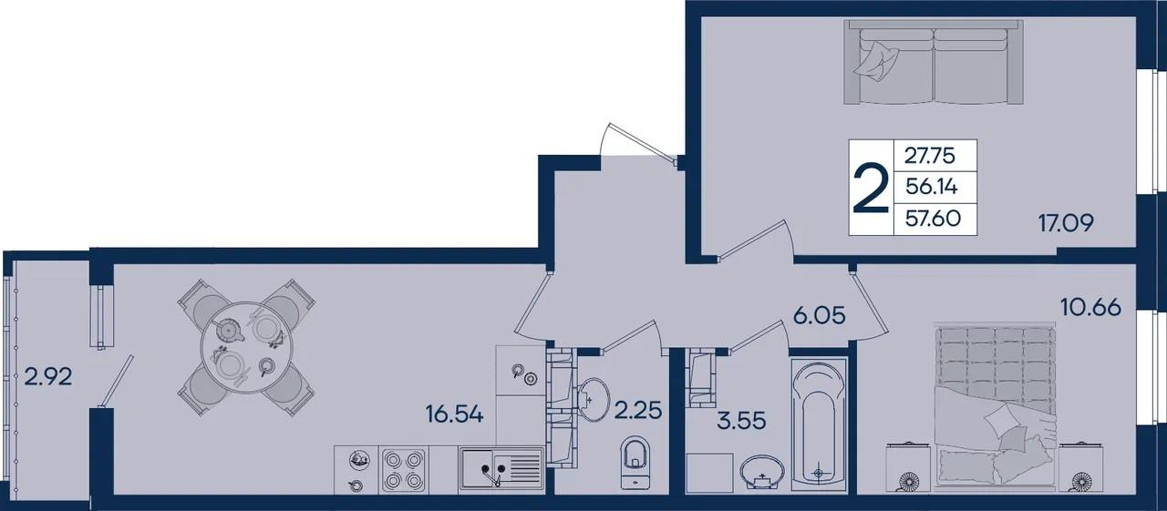 2-комнатная 57.6 м2 в ЖК undefined корпус null этаж 7