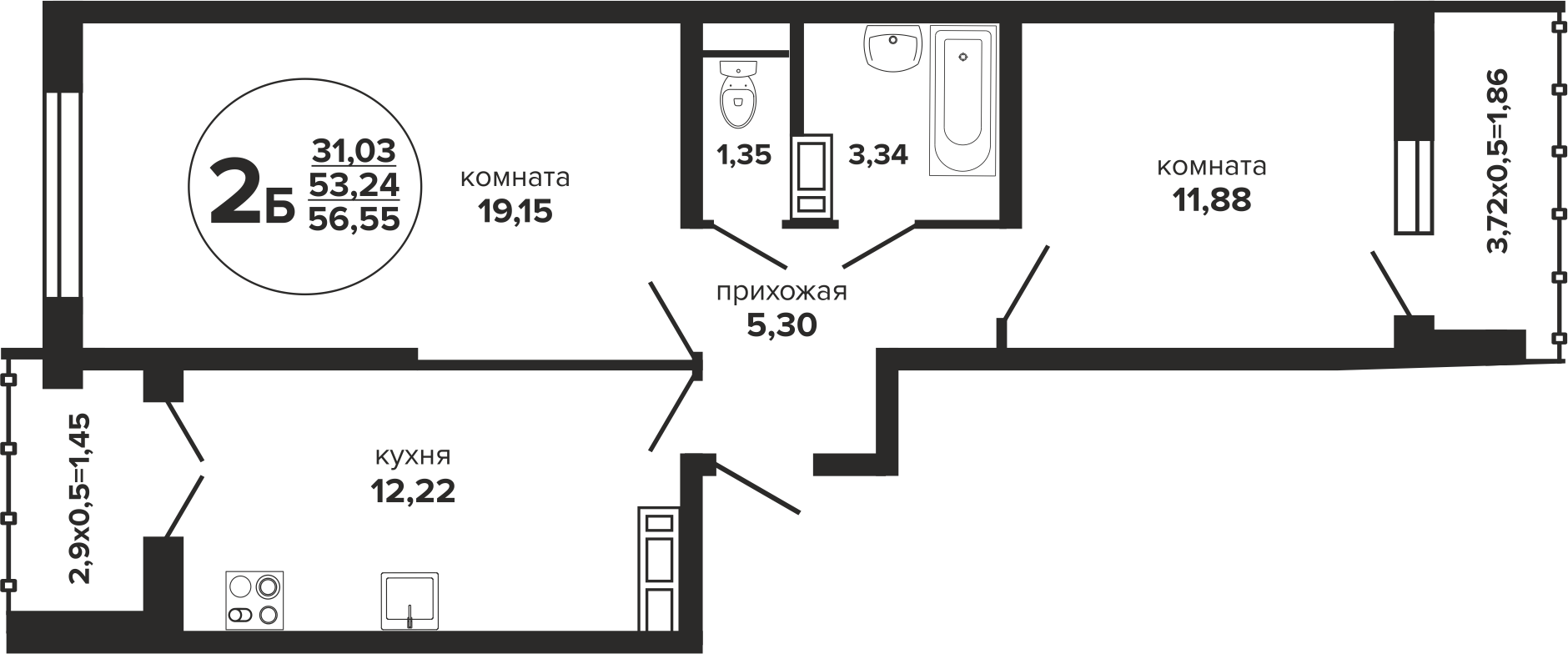 2-комнатная 57 м2 в ЖК Гулливер корпус null этаж 6