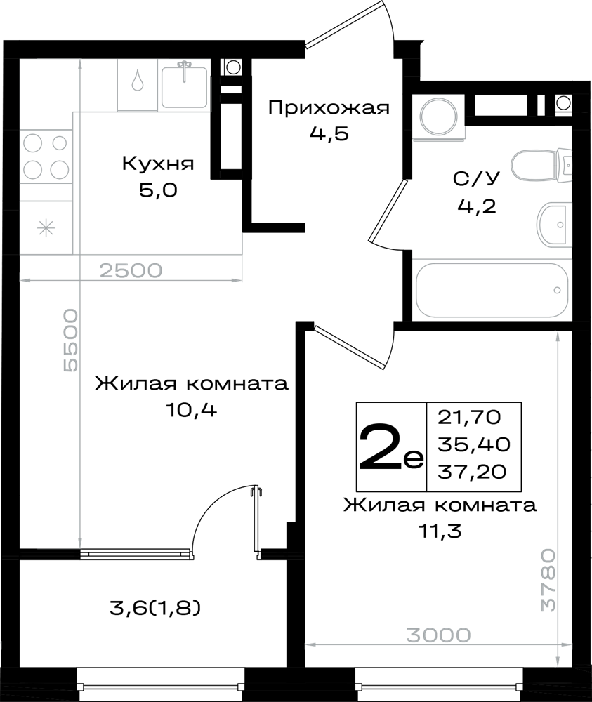 2-комнатная 37 м2 в ЖК Придонье корпус null этаж 7