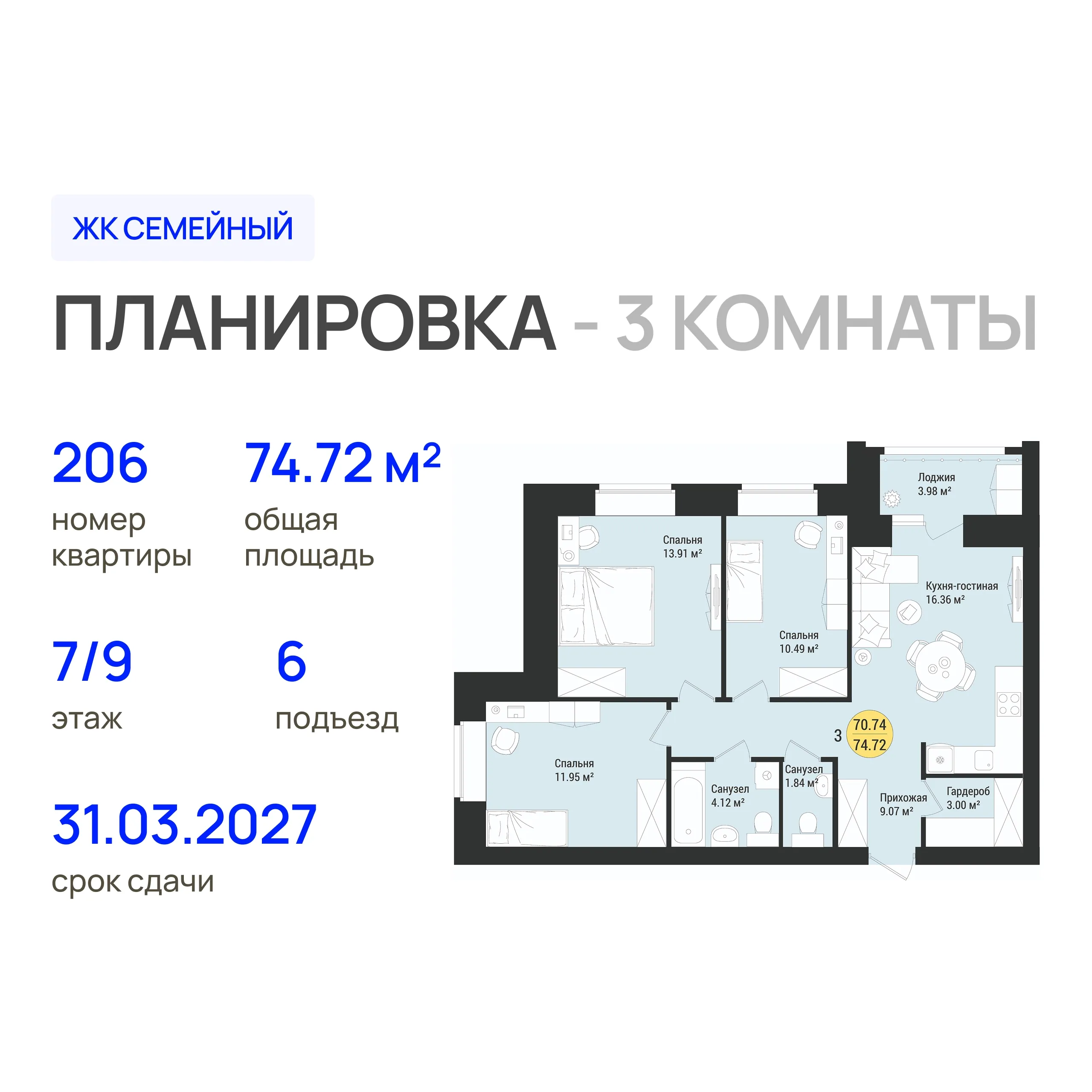 3-комнатная 74 м2 в ЖК Семейный корпус null этаж 7