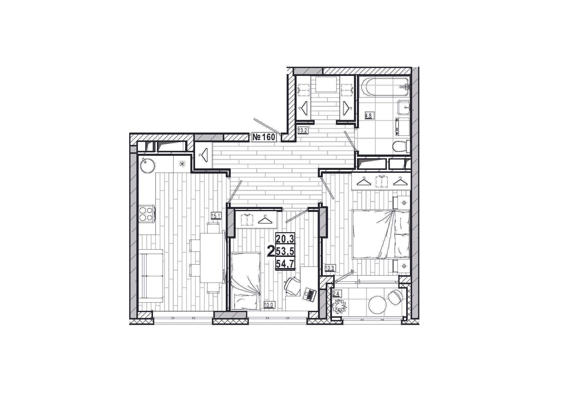 2-комнатная 54 м2 в ЖК Дом на Маяковского корпус null этаж 3