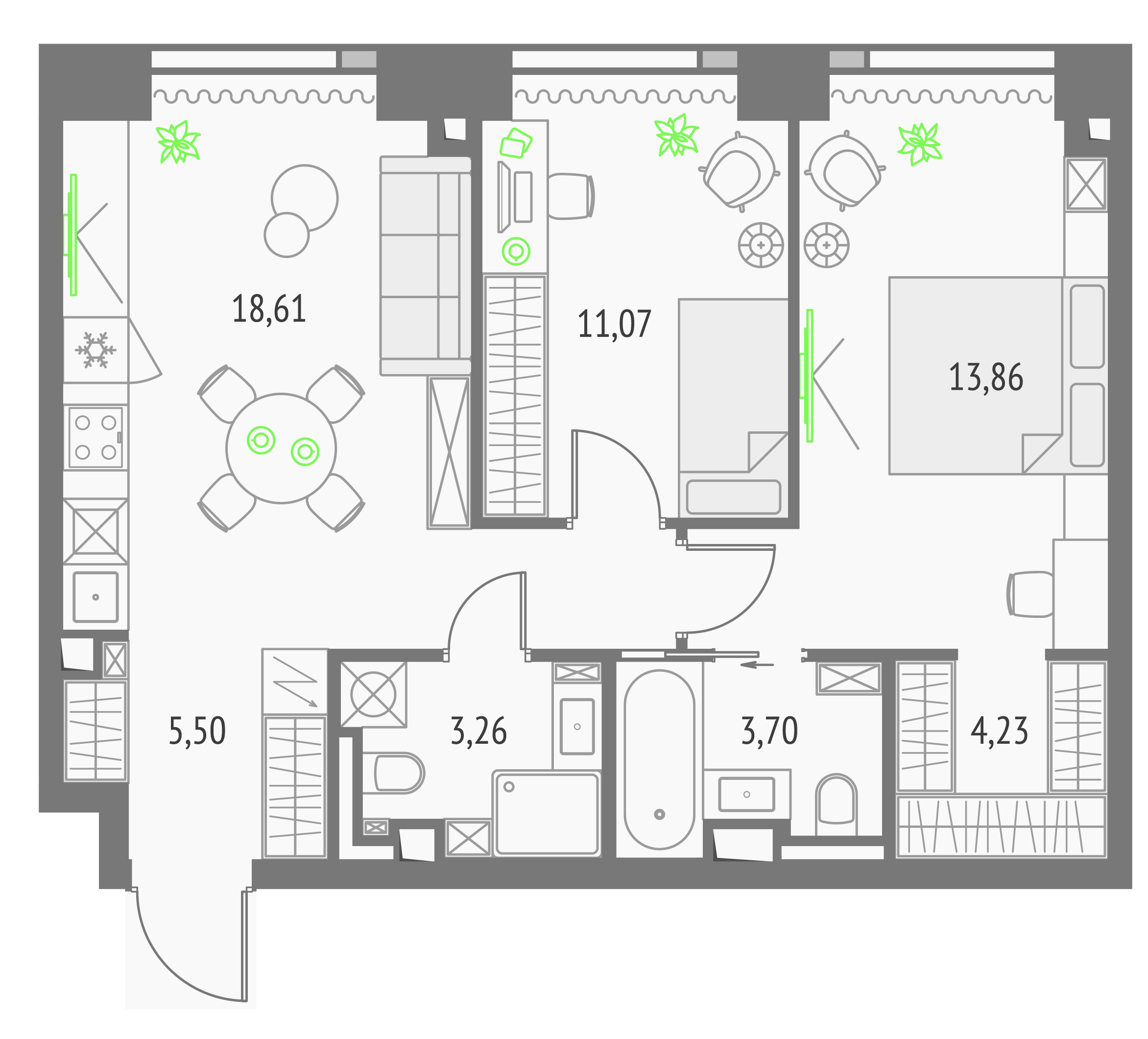 2-комнатная 64 м2 в ЖК Апсайд Тауэрс корпус null этаж 9