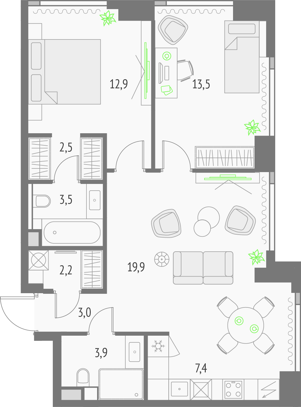 2-комнатная 70 м2 в ЖК Апсайд Тауэрс корпус null этаж 14