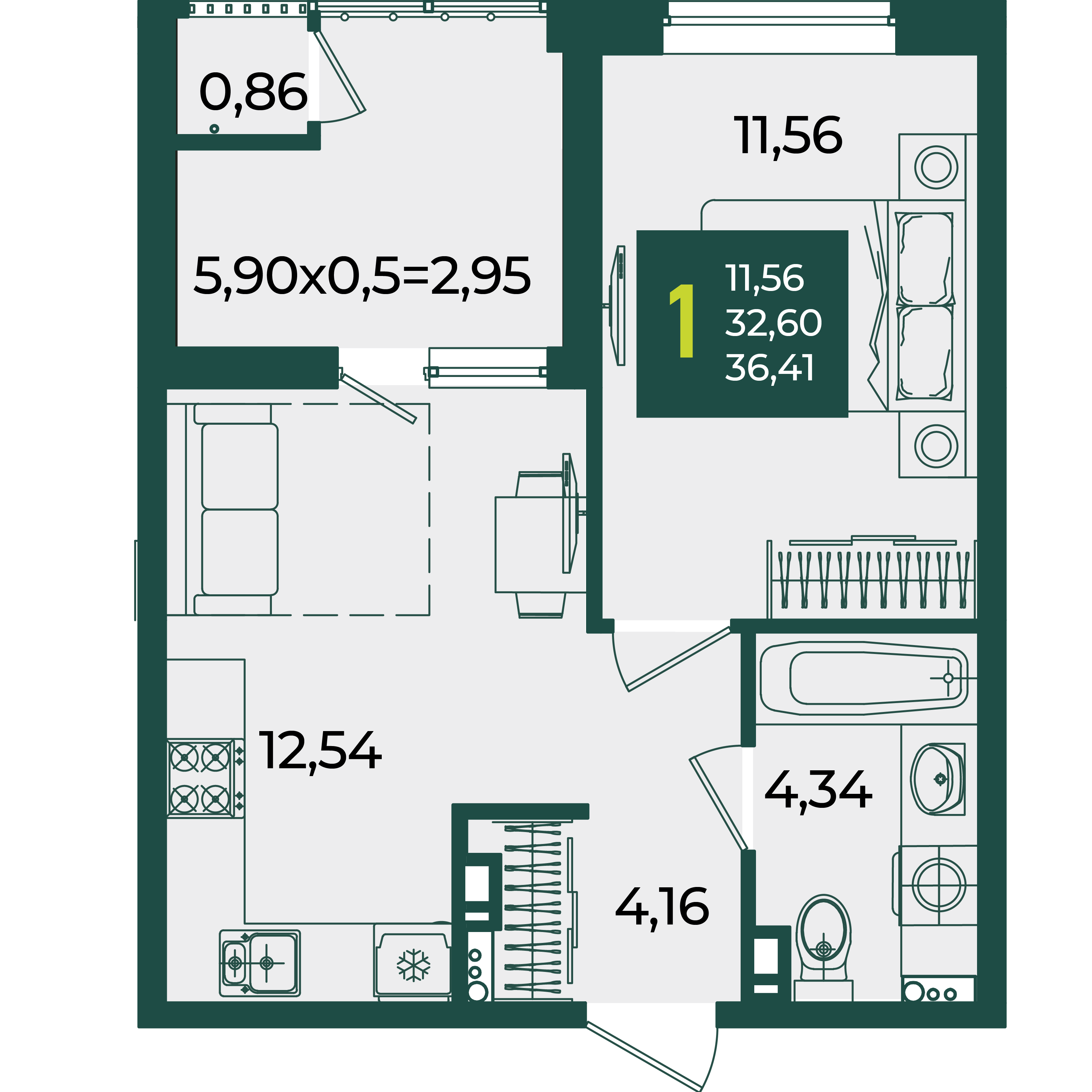 1-комнатная 36 м2 в ЖК Образцово корпус null этаж 4