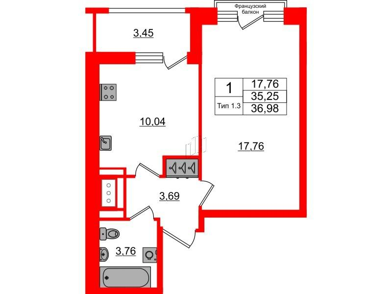 1-комнатная 35 м2 в ЖК Setl Ривьера корпус null этаж 3