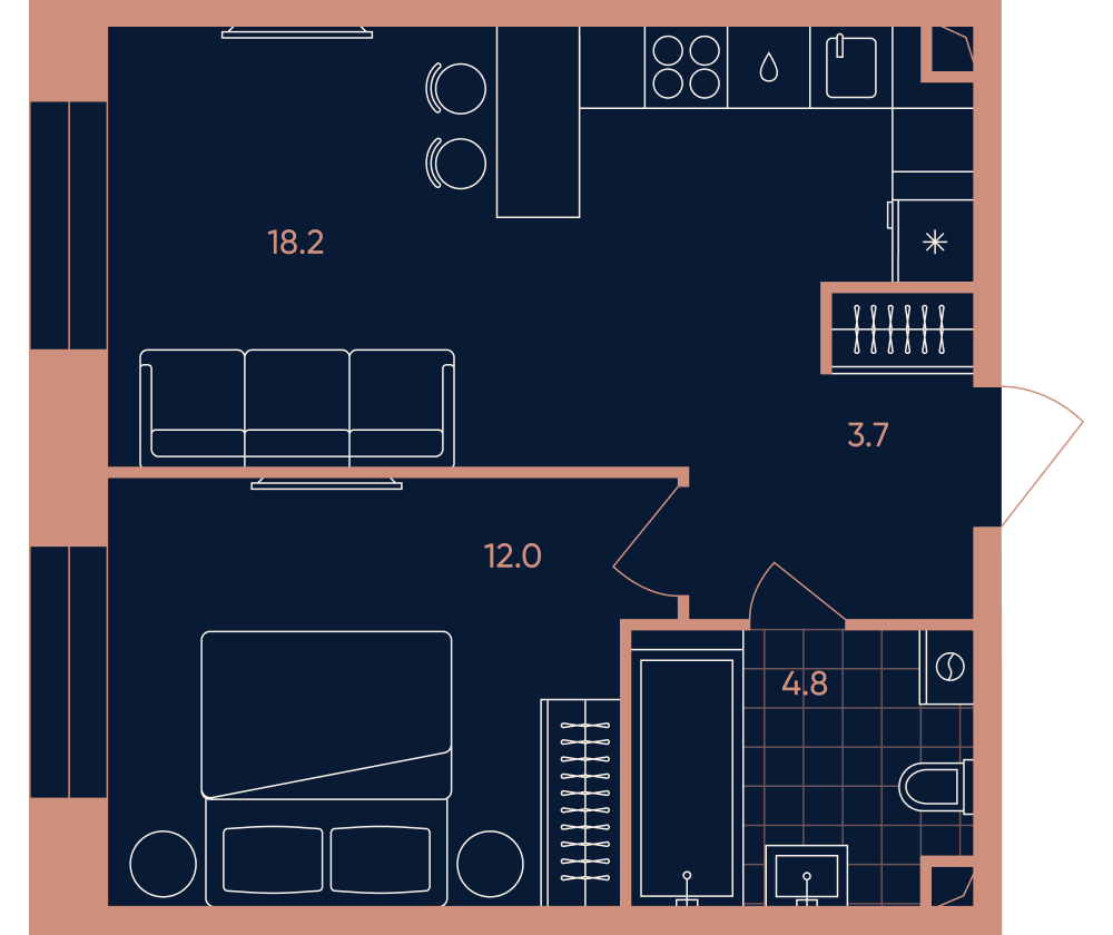 2-комнатная 38 м2 в ЖК ERA / Дербеневская 20 корпус null этаж 15