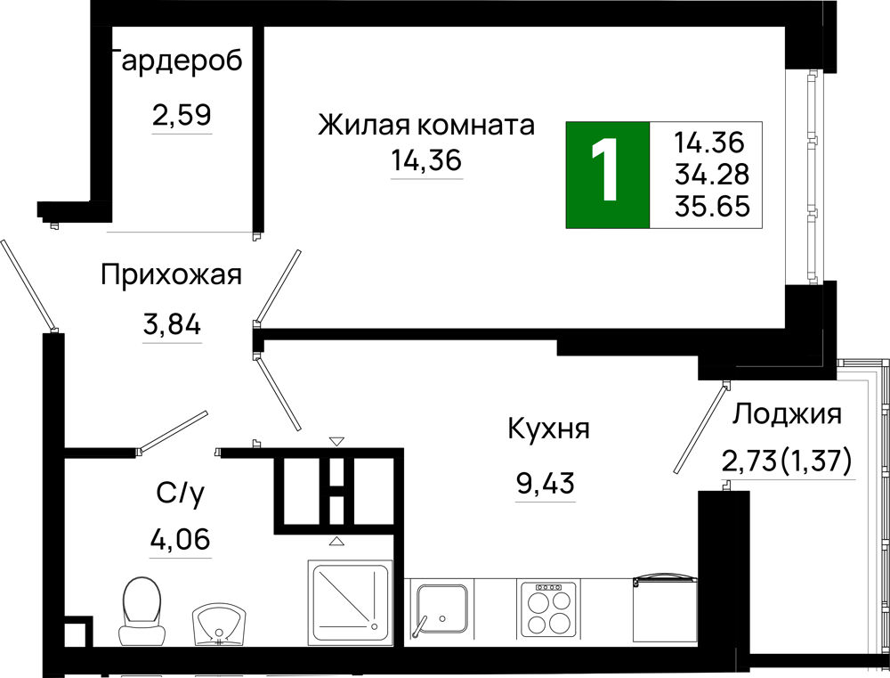 1-комнатная 35 м2 в ЖК Октябрь парк корпус null этаж 5