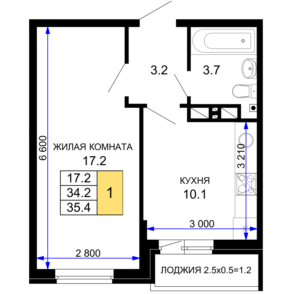 1-комнатная 35 м2 в ЖК Дыхание корпус null этаж 15
