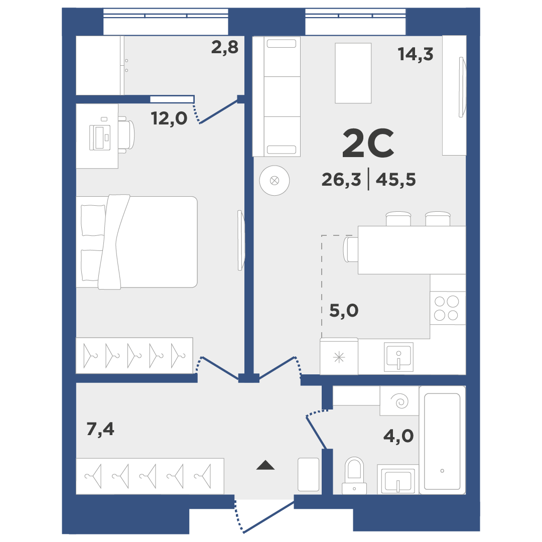 2-комнатная 45 м2 в ЖК Поколение корпус null этаж 7