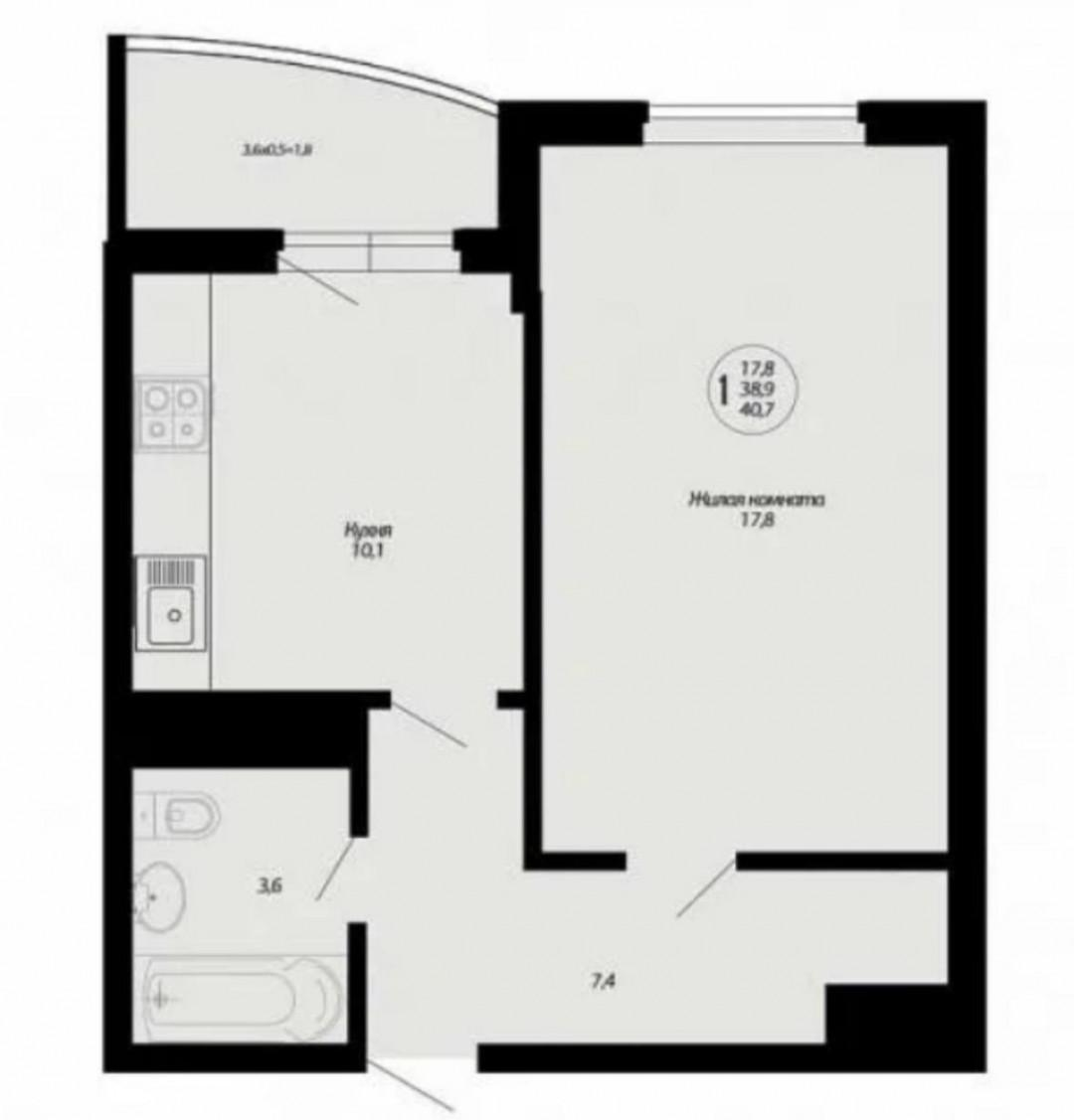 1-комнатная 40.7 м2 в ЖК undefined корпус null этаж 4