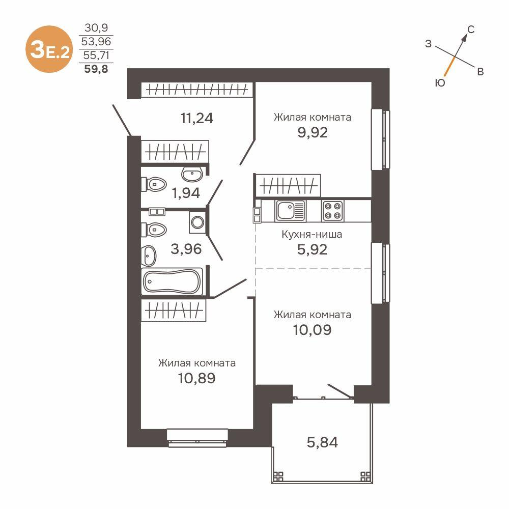 3-комнатная 55 м2 в ЖК Культура корпус null этаж 1