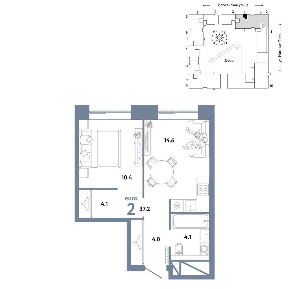 2-комнатная 37 м2 в ЖК Страна.Заречная корпус null этаж 12
