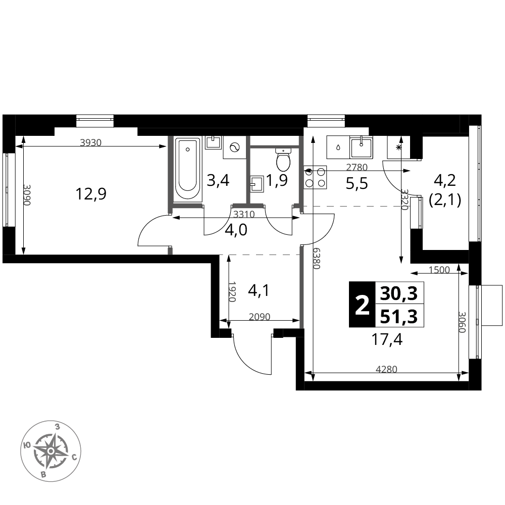2-комнатная 51 м2 в ЖК 1-й Ясеневский корпус null этаж 16