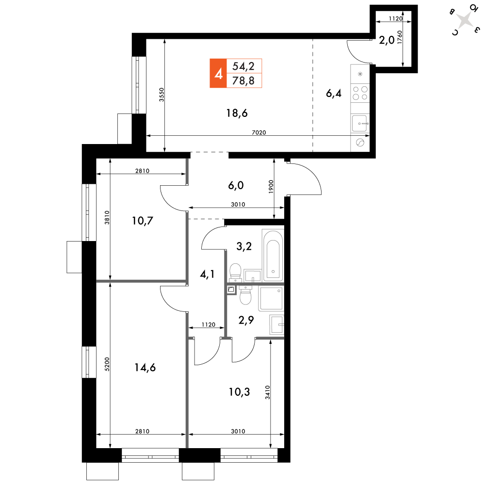 4-комнатная 78 м2 в ЖК Флагман корпус null этаж 5