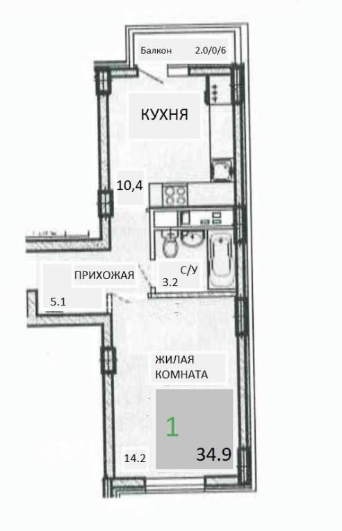 1-комнатная 35 м2 в ЖК undefined корпус null этаж 6