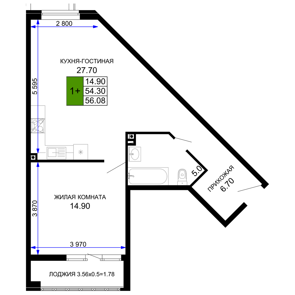 1-комнатная 57 м2 в ЖК Сегодня корпус null этаж 1