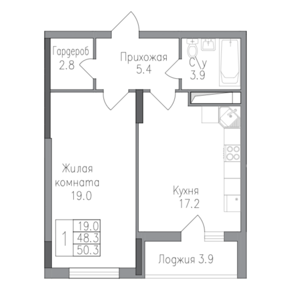 1-комнатная 50.3 м2 в ЖК undefined корпус null этаж 9