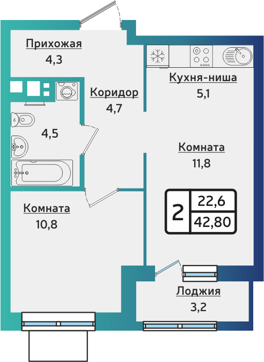 2-комнатная 42 м2 в ЖК ARTNOVA корпус null этаж 2