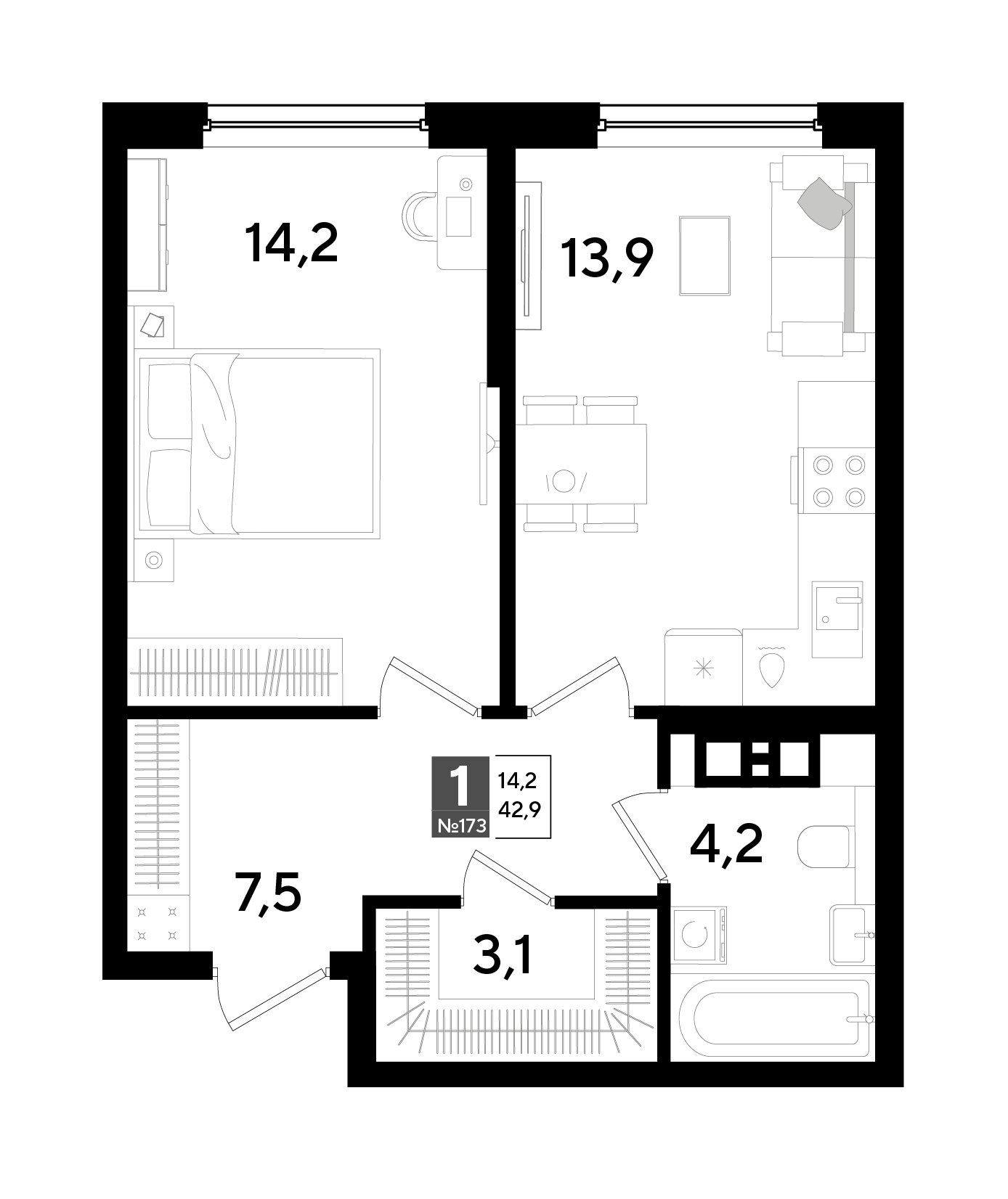 1-комнатная 42 м2 в ЖК Догма Парк корпус null этаж 5