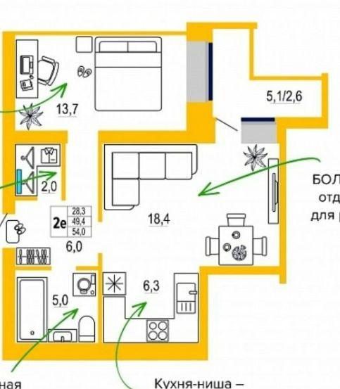 2-комнатная 54 м2 в ЖК undefined корпус null этаж 3