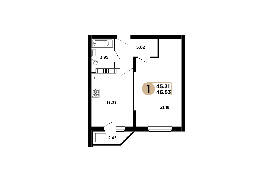 1-комнатная 46 м2 в ЖК Московский корпус null этаж 9