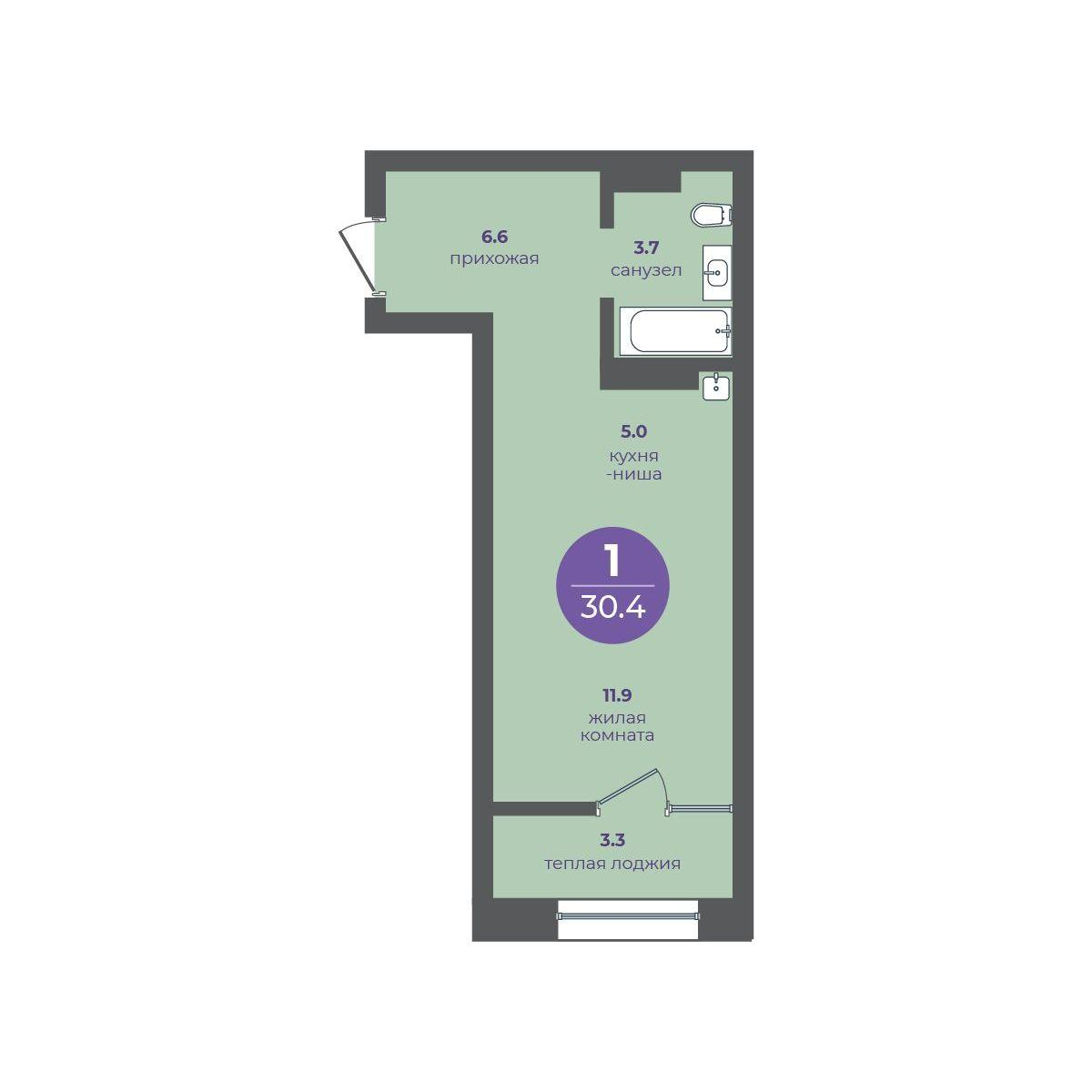 1-комнатная 30 м2 в ЖК Перемены корпус null этаж 6