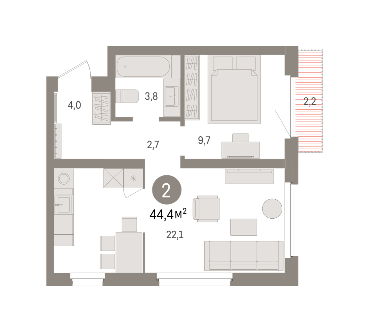 1-комнатная 44 м2 в ЖК Зарека корпус null этаж 5