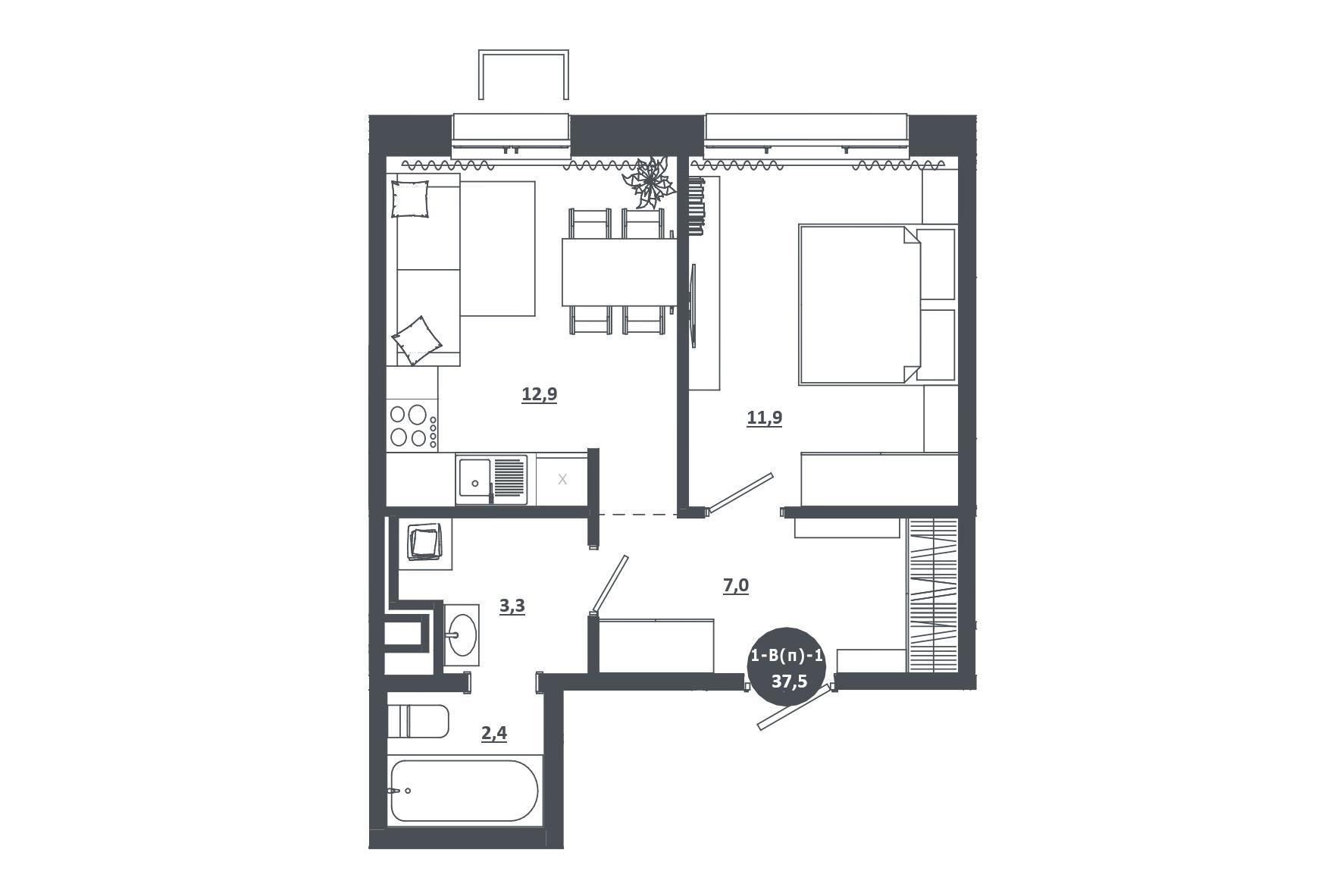 1-комнатная 37 м2 в ЖК Прибрежный парк корпус null этаж 1