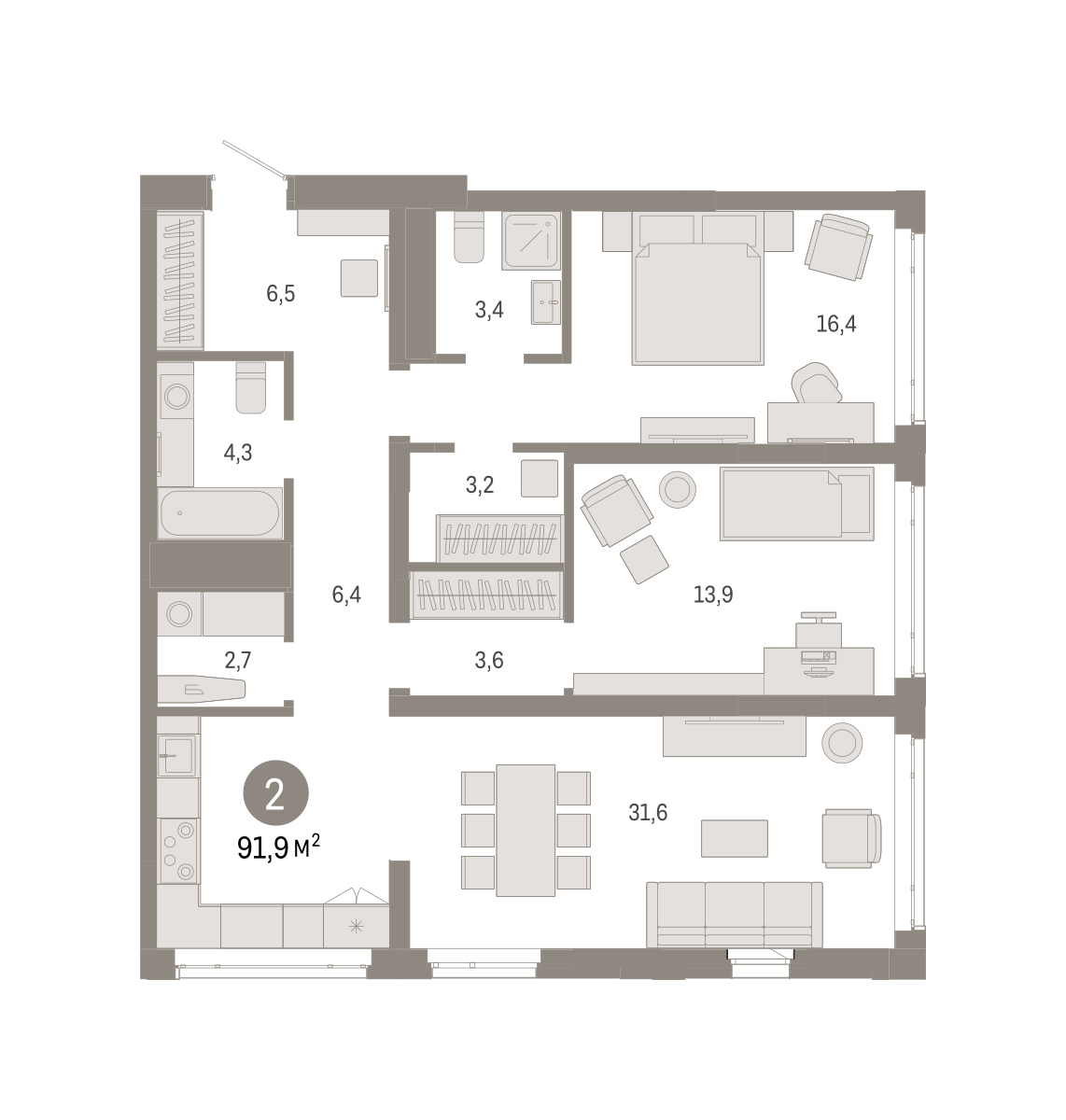 2-комнатная 91 м2 в ЖК Республики 205 корпус null этаж 11