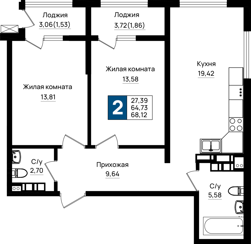 2-комнатная 68 м2 в ЖК Резиденция морей корпус null этаж 12