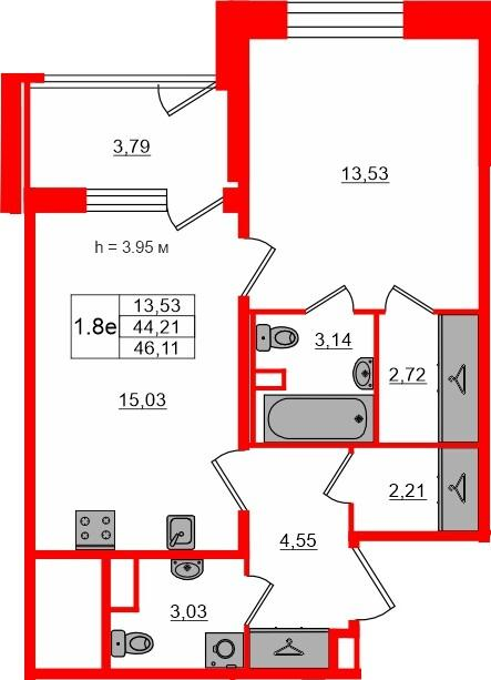 1-комнатная 44 м2 в ЖК Сэтл Лофт корпус null этаж 1