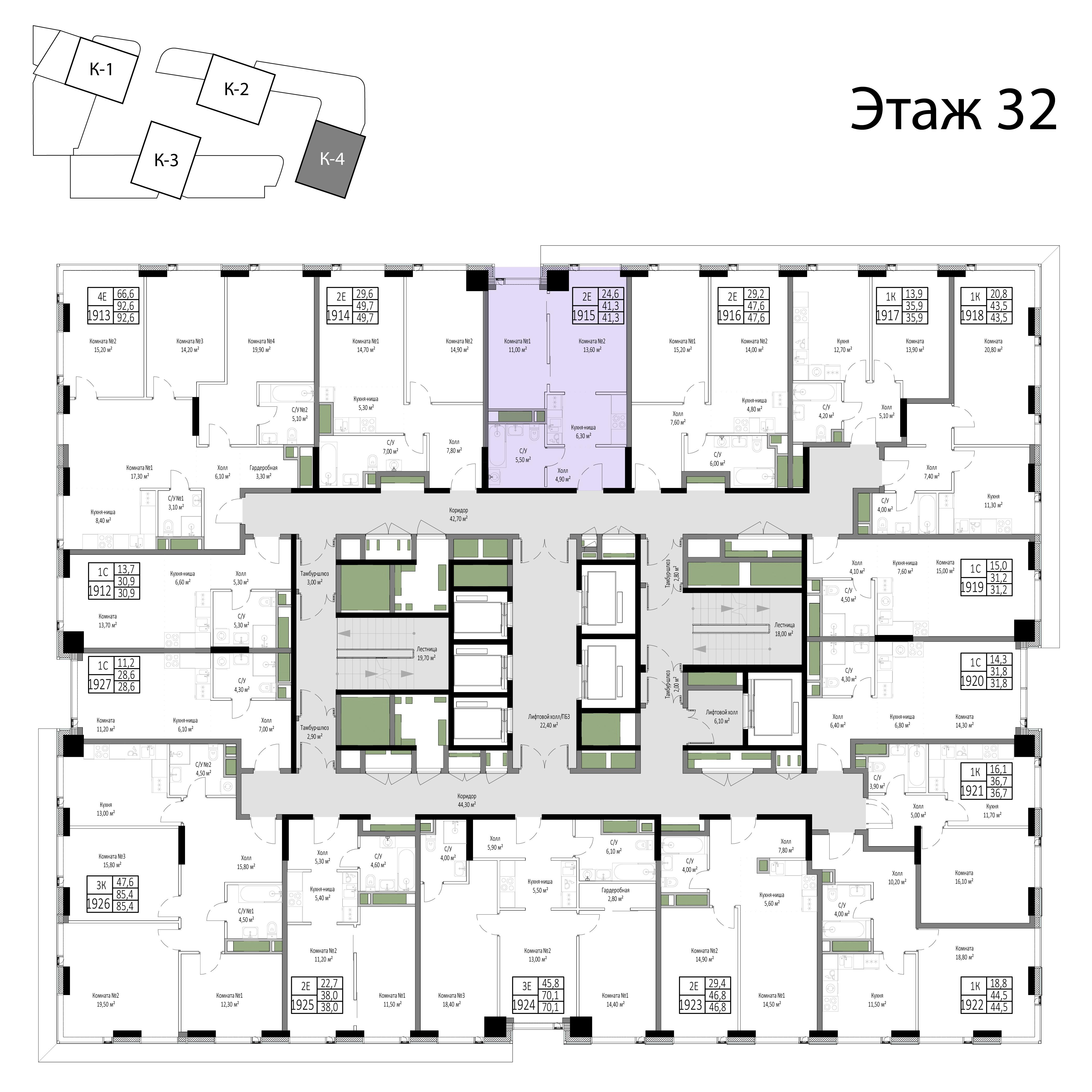 2-комнатная 41 м2 в ЖК Мираполис корпус null этаж 32
