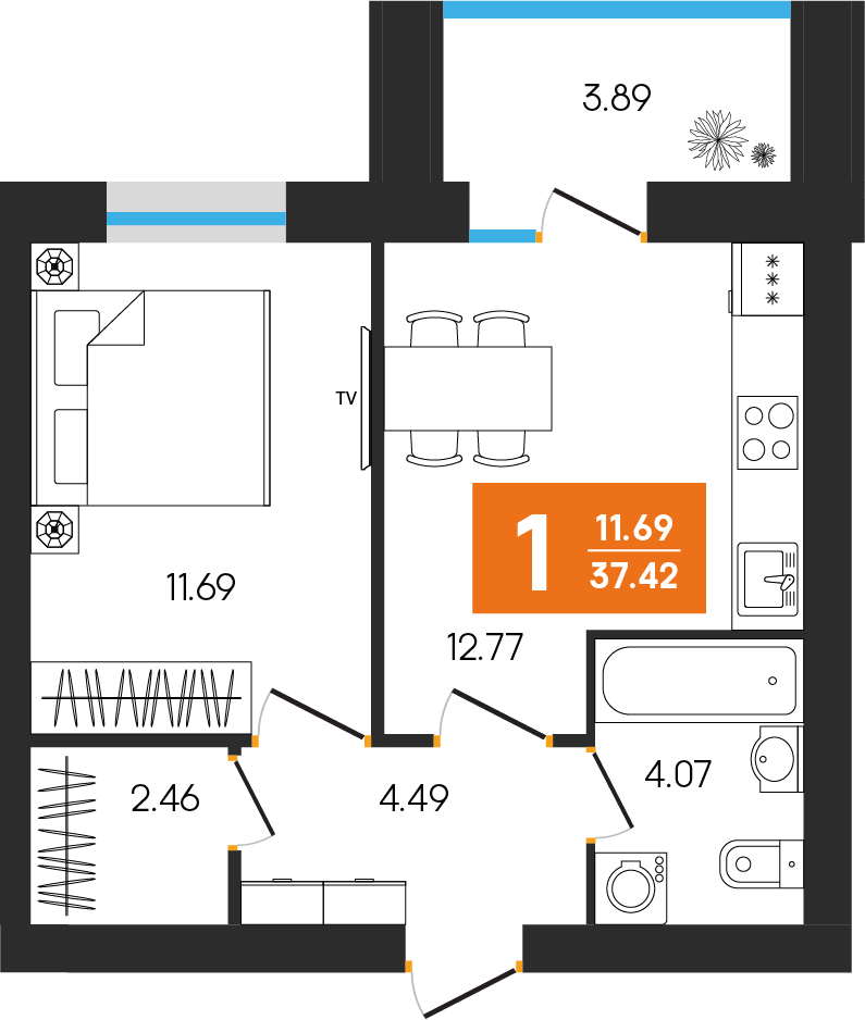 1-комнатная 37 м2 в ЖК Клубный дом Симфония корпус null этаж 7