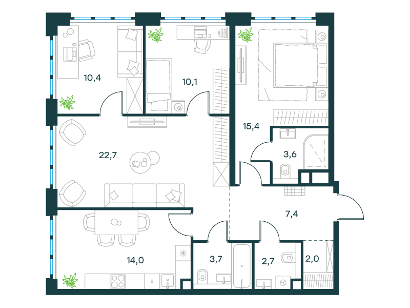 4-комнатная 92 м2 в ЖК Level Южнопортовая корпус null этаж 4