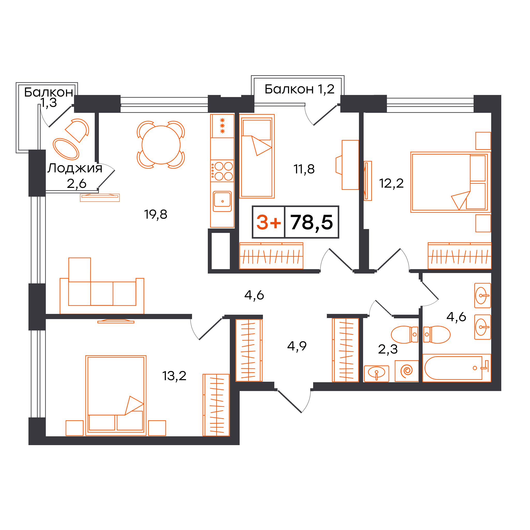 3-комнатная 78 м2 в ЖК УНО. Умный квартал корпус null этаж 12