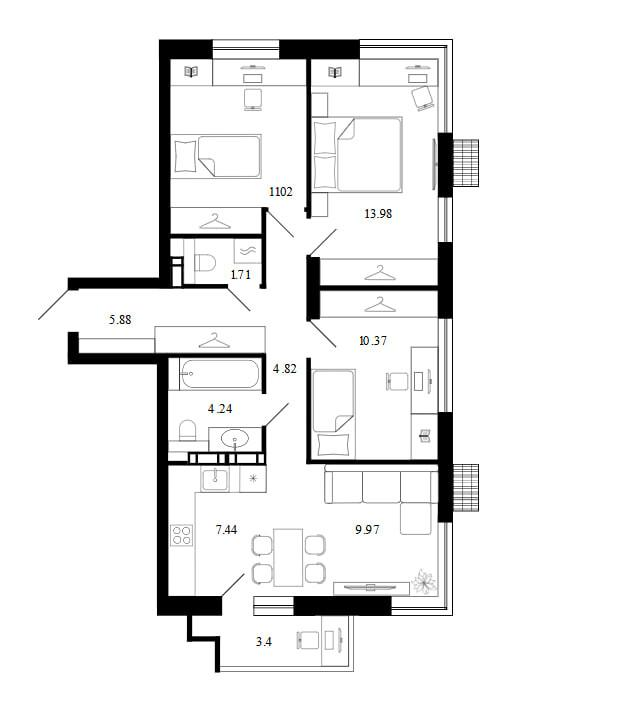 4-комнатная 72.8 м2 в ЖК undefined корпус null этаж 2