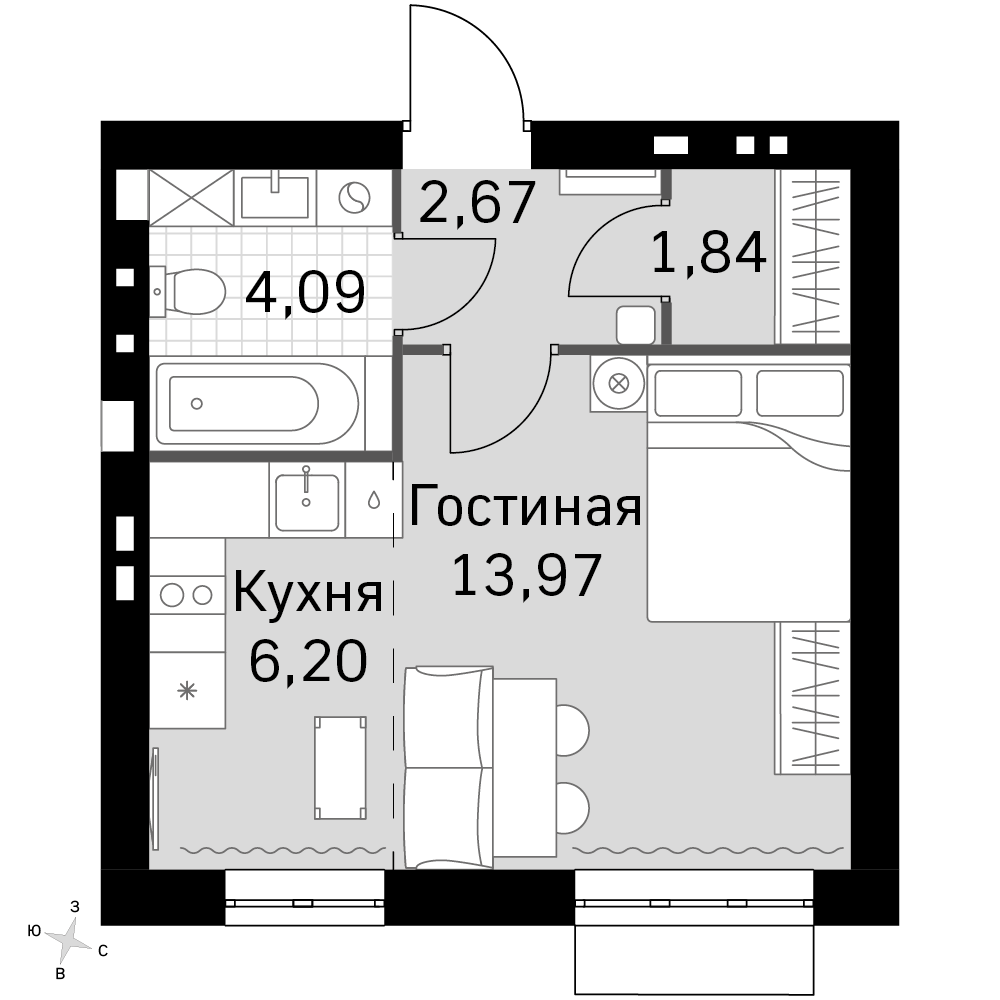 1-комнатная 28 м2 в ЖК Жаворонки Клаб корпус null этаж 2