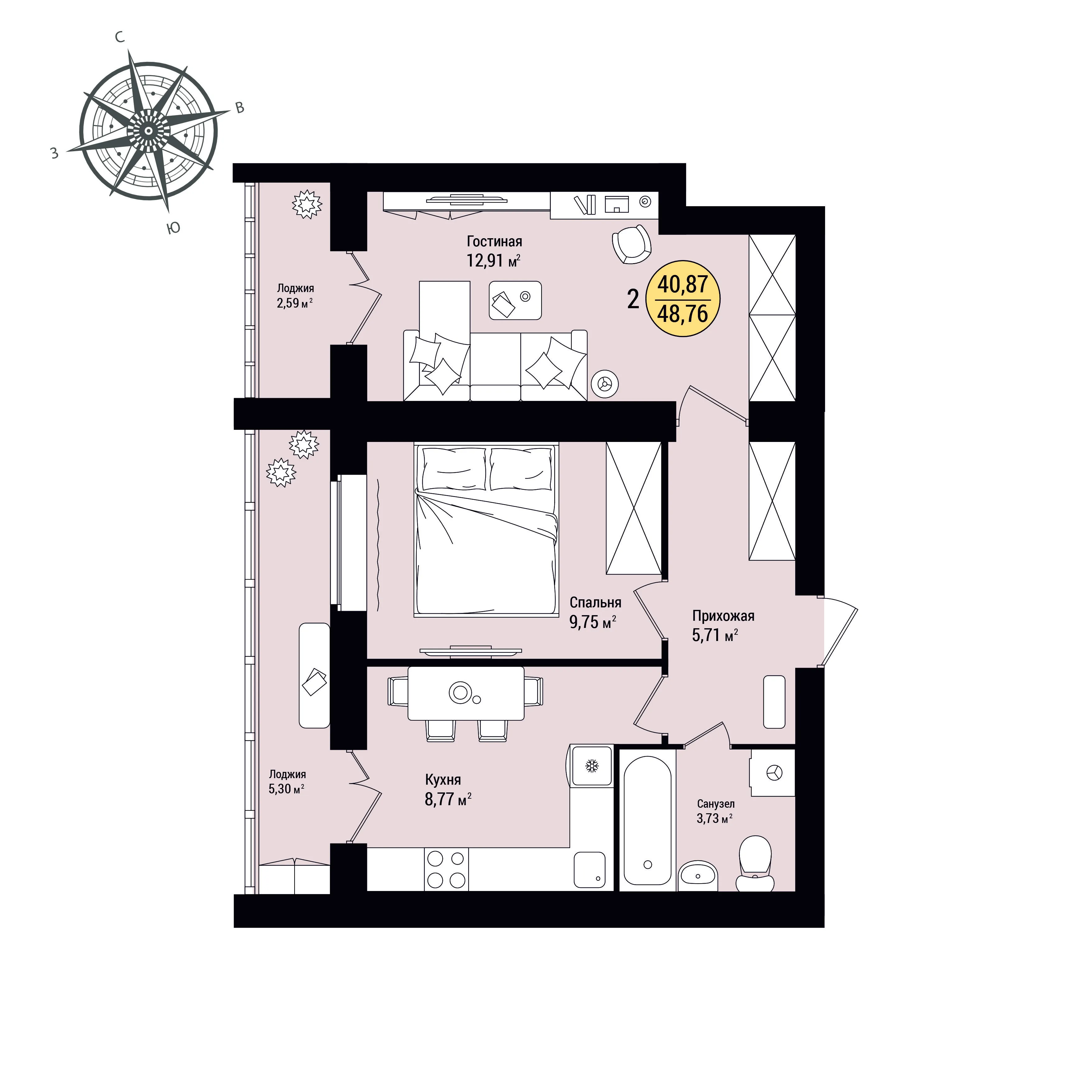 2-комнатная 48 м2 в ЖК Новое Поколение корпус null этаж 9