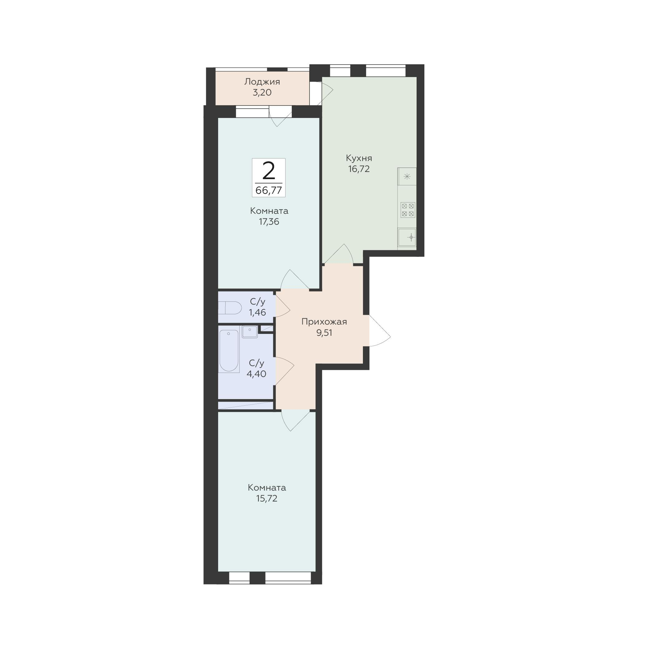 2-комнатная 66 м2 в ЖК Квартал 45 корпус null этаж 9